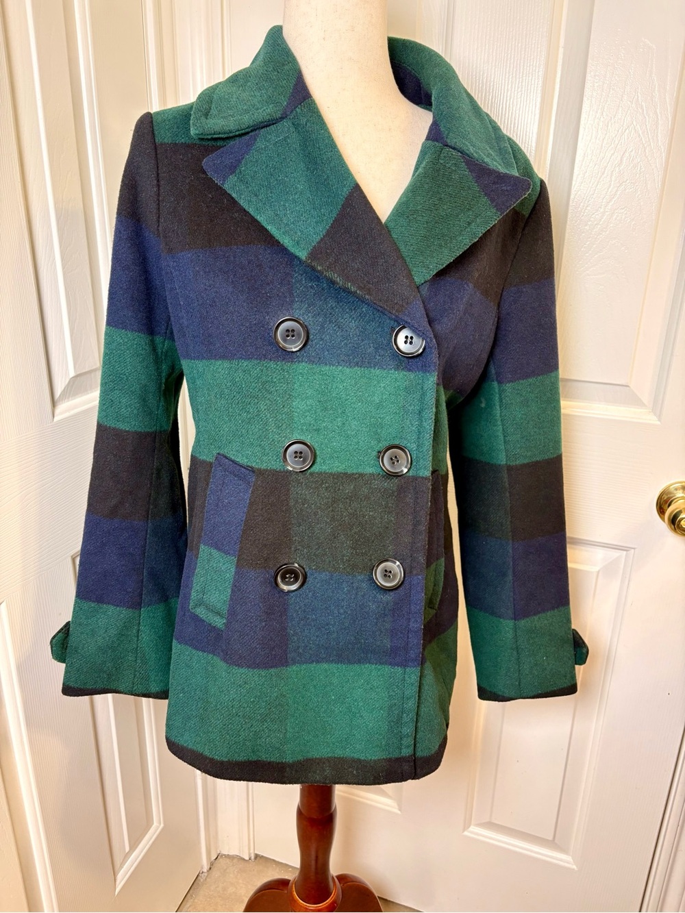 St. John’s Bay Green & Navy Plaid Wool Blend Double-Breasted Pea Coat Small